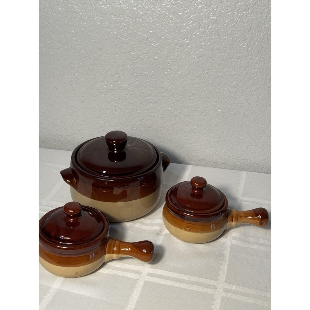 Vintage Brown Bean Pot w/ 2 Matching Handled Ramekins – Rustic Stoneware Set